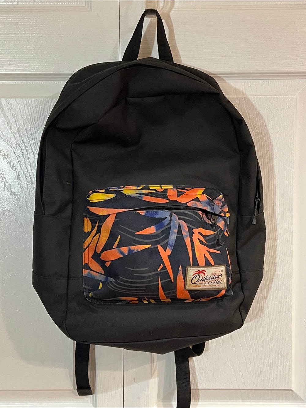Quiksilver Black Backpack with Orange and Yellow Leaf-Print Front Pocket